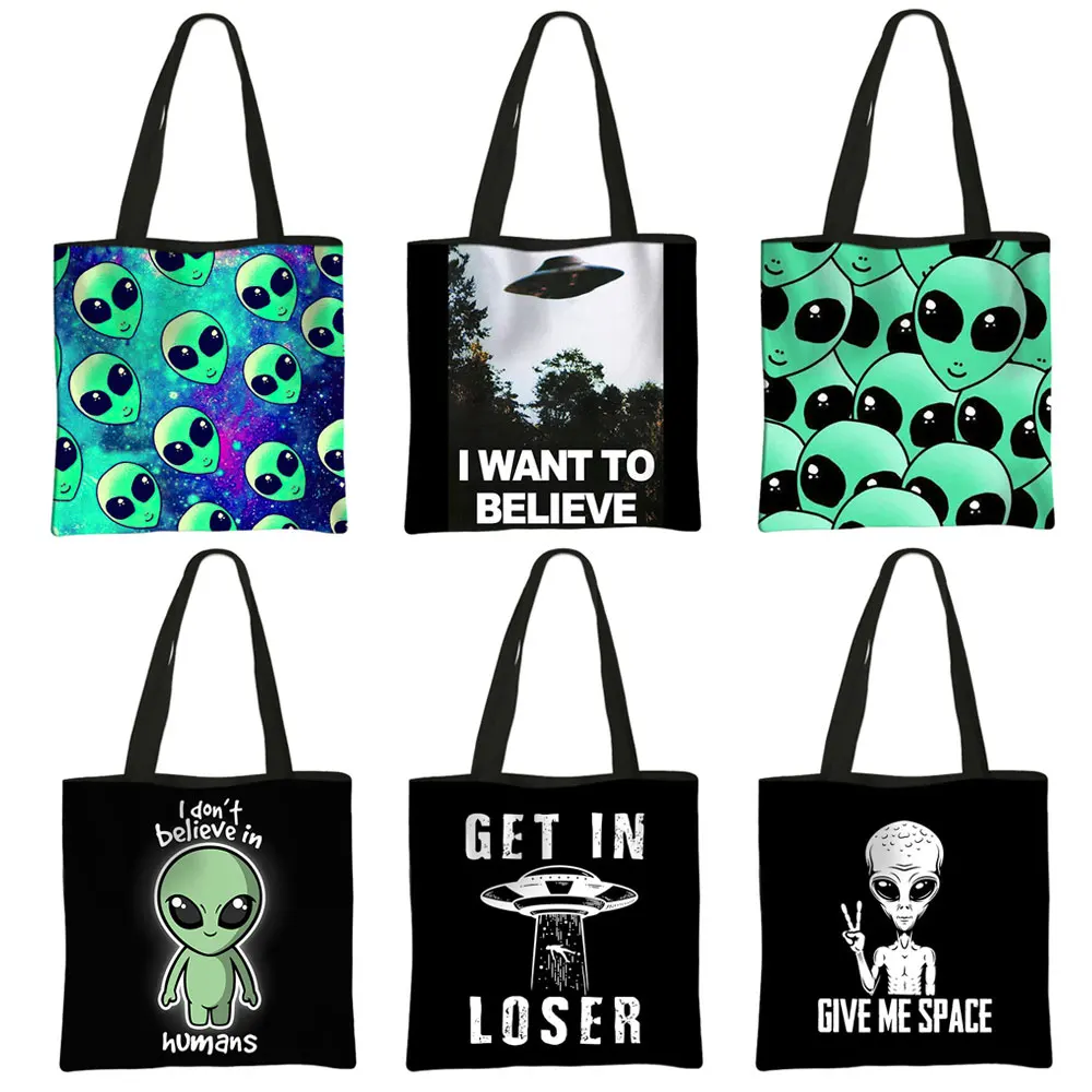 

Funny Alien UFO Print Tote Bag Women Fashion Handbag Large Capacity Hip Hop Shoulder Bags Ladies Reusable Shopping Bag Gift