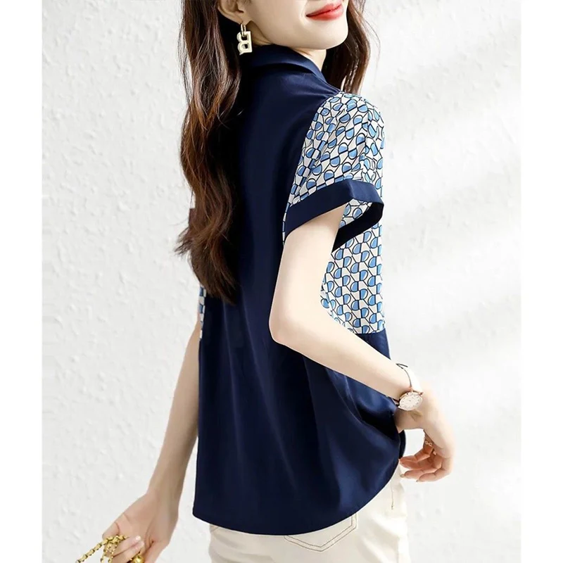 Elegant Lapel Button Spliced Printed Chiffon Shirts Female Clothing 2024 Summer New Loose All-match Tops Office Lady Blouses