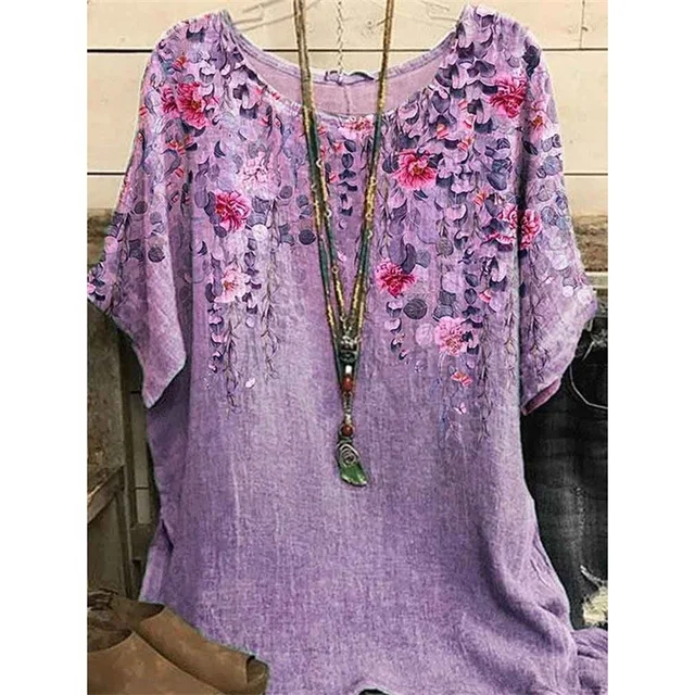2023 New Round Collar Flower Printing Top Retro Pullover Summer Loose Short Sleeves Oversized Tee Shirt Fashion T-Shirt S-5xl