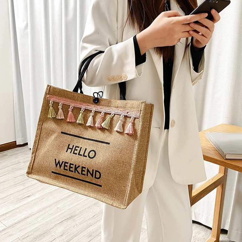 Women Beach Bags Handbags Large Capacity Lady Tassel Shoulder Bag Big Letter Linen Totes Casual Girls Travel Shopping Bag
