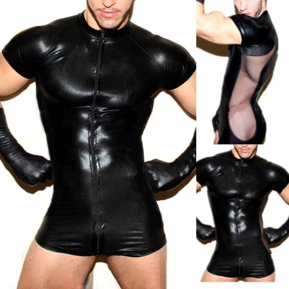 Mens Rompers Mesh Patent Leather Sexy Mens Wet Look Patent Leather Pouch Zip Short Jumpsuit Bodysuit Clubwear Costume Leotard