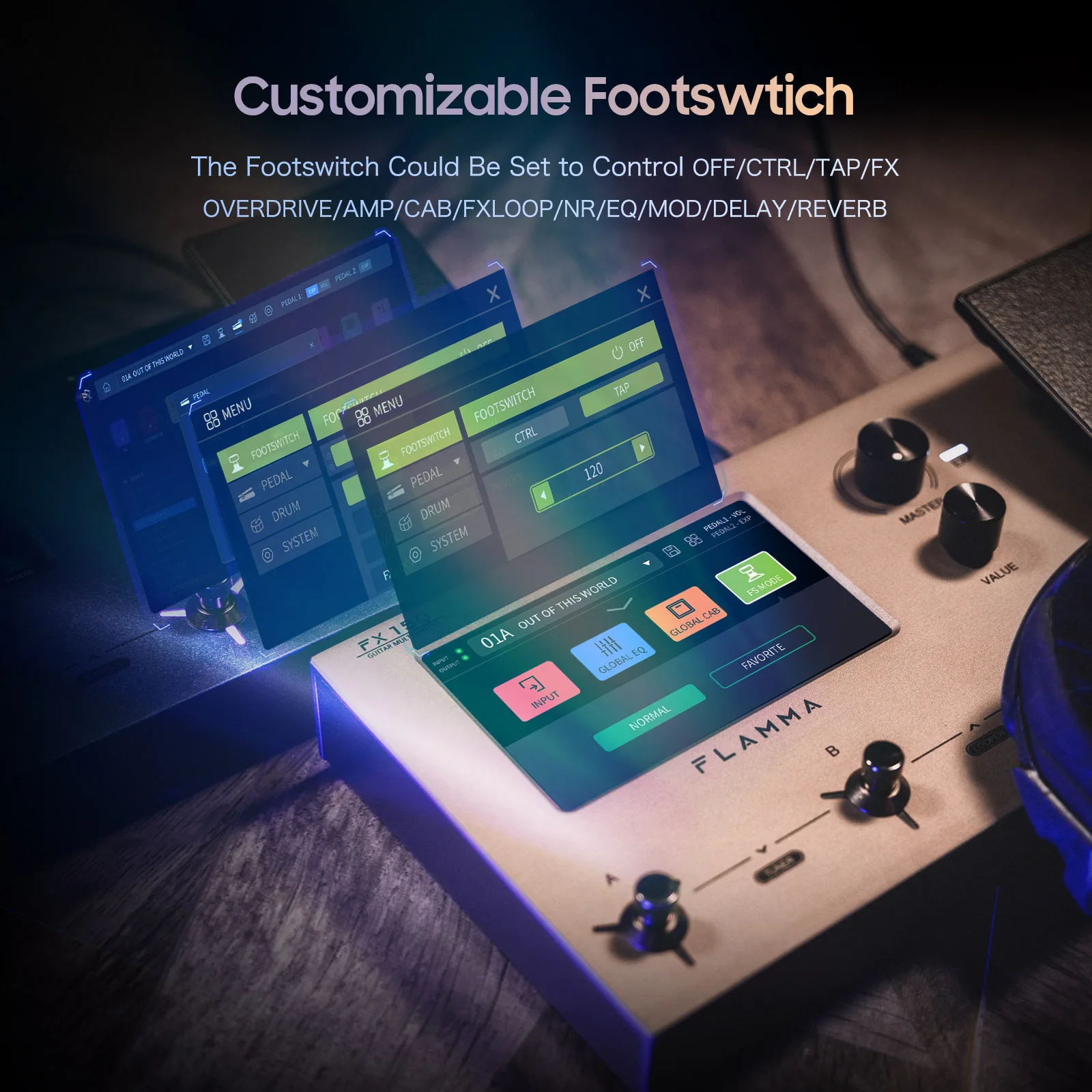 Guitar Effect Pedal FLAMMA FX150 Guitar Multi Effects Pedal 160 Effects 180 Preset Slots 30 Cab Simulation 80 Drum Machine 52S Looper Touch Screen