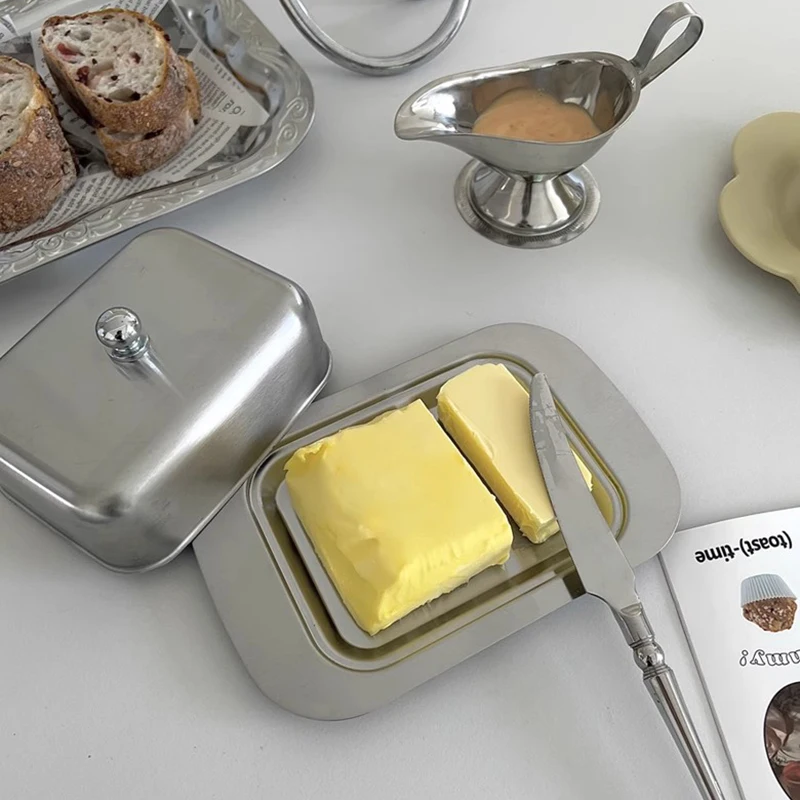 Stainless Steel Butter Box For Counter With Lid Butter Container Refrigerator Use Square Butterdish Kitchen Stuff