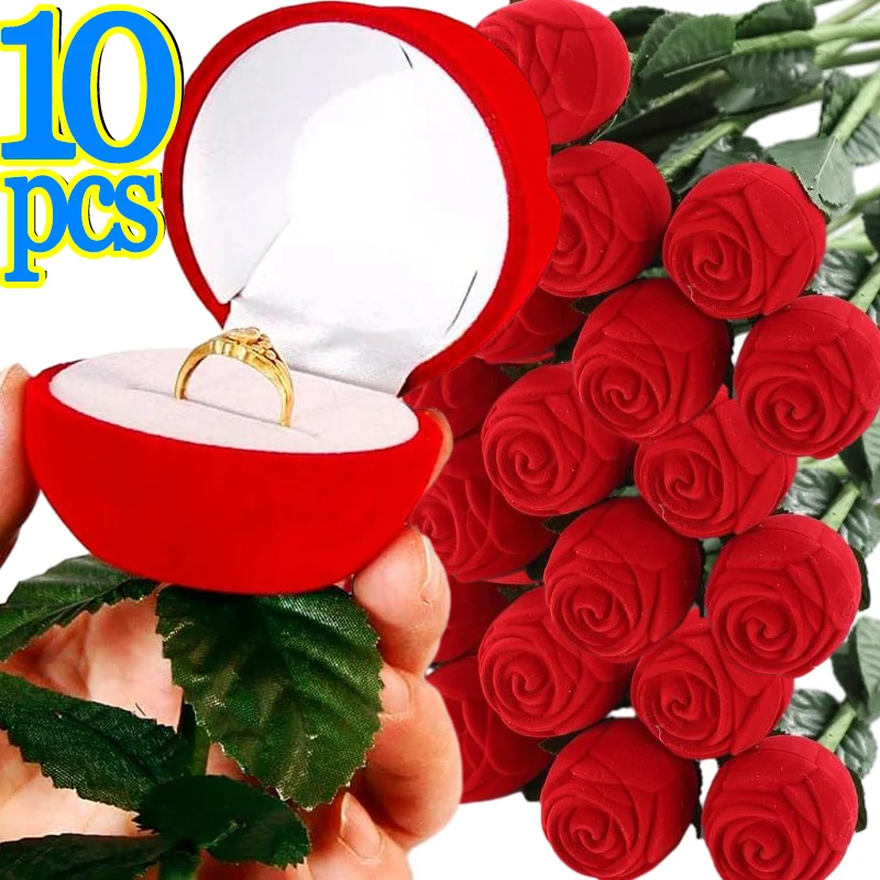 

1/10pcs Velvet Rose Flower Ring Box Romantic Red Rose Jewelry Display Holder Box Bridal Wedding Engagement Ring Storage Case