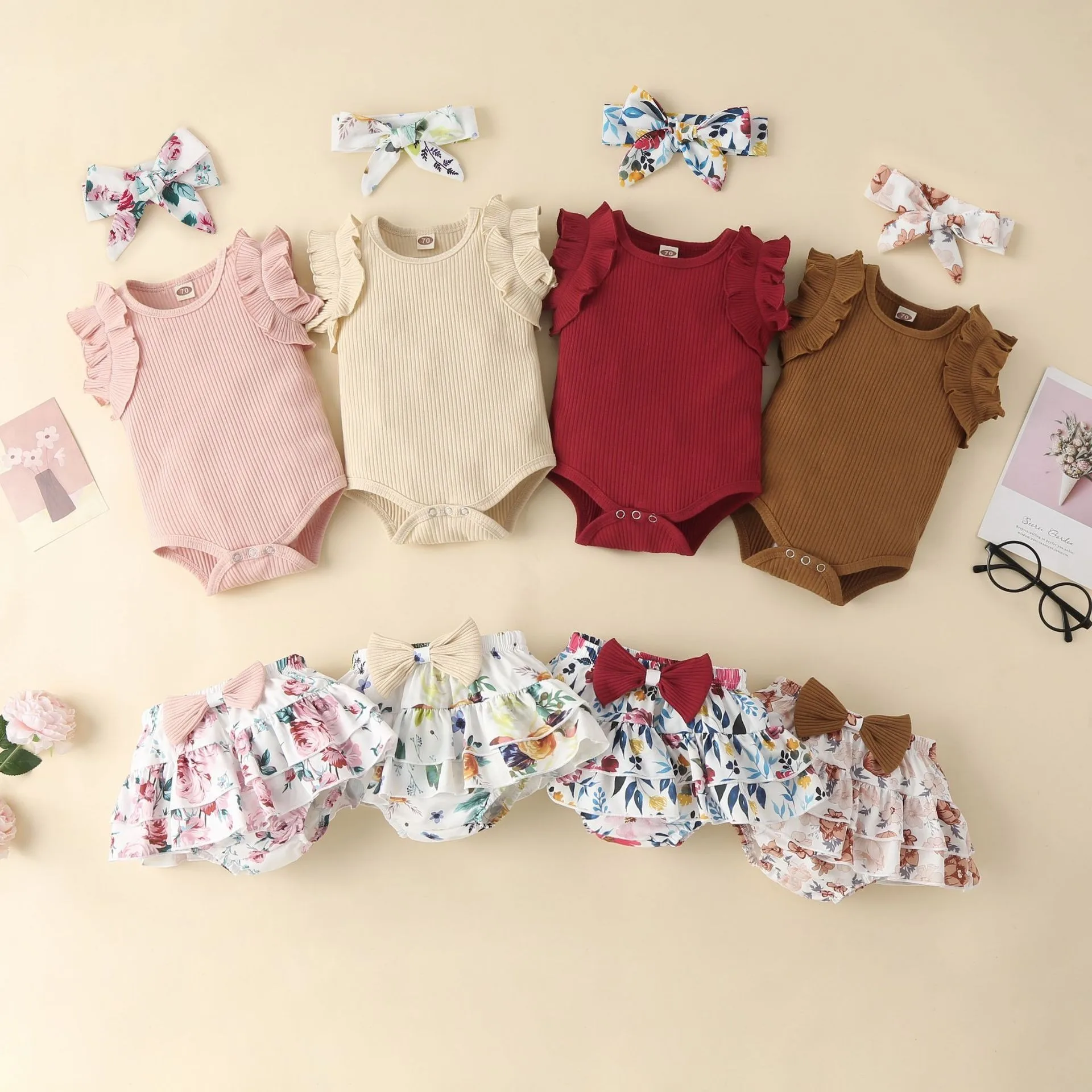 Ircomll Sommer Baby Mädchen Kleidung Set Neue Geboren Bodys + Kurze Hosen Infant Rüschen Body Top Kurzen rock 2PCS Outfits Sets – Detail 1