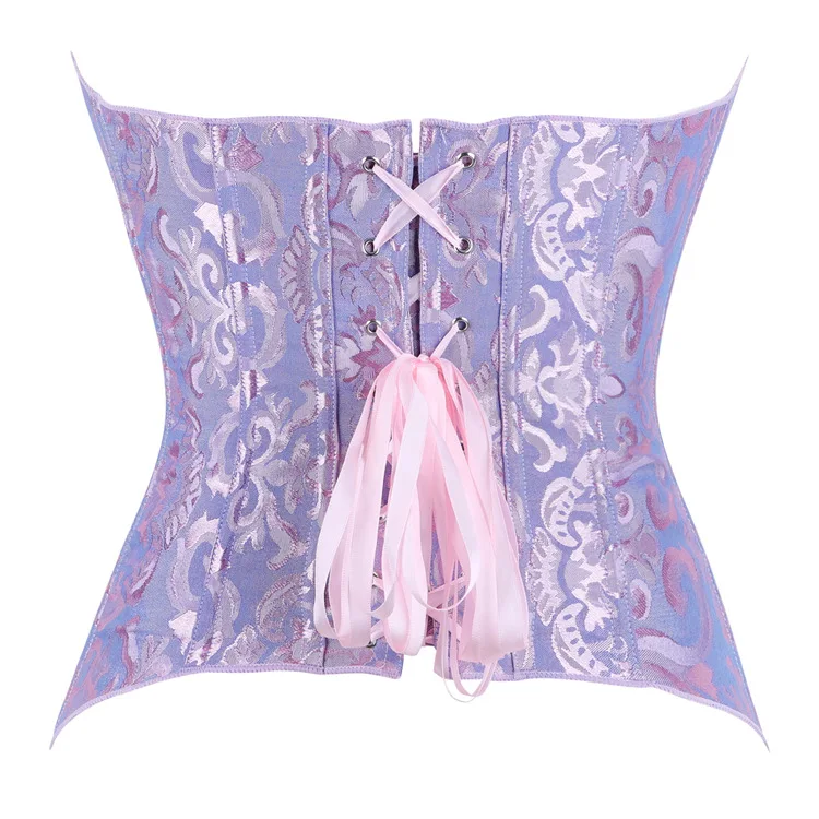 Damen Renaissance Overbust Korsett Top Rosa Blau Brokat Langes Bustier 14 Stahlstäbe Bauchkontrolle Former Übergröße – Detail 4