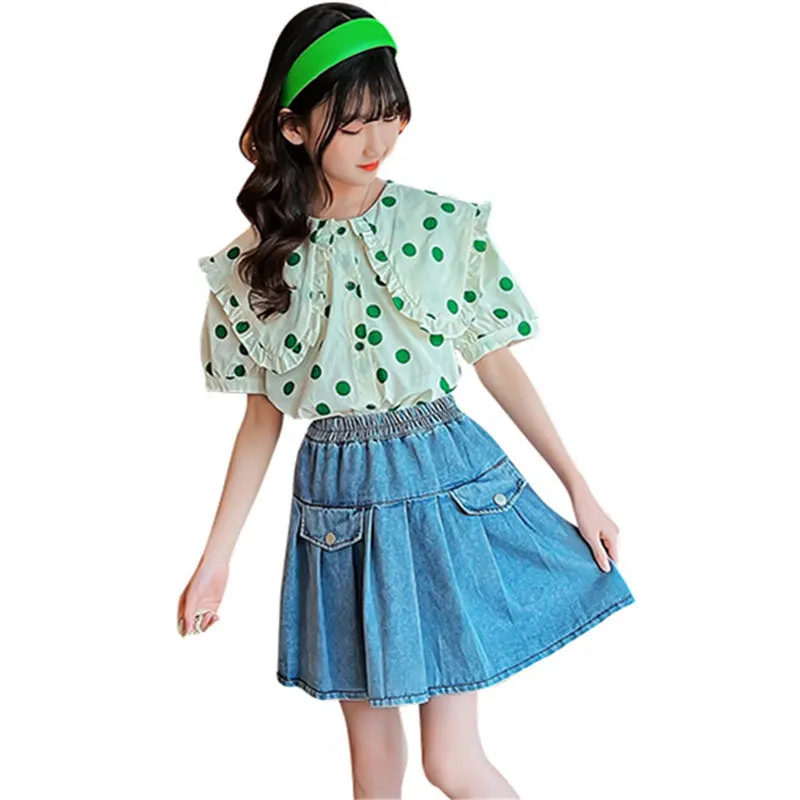 

2023 Summer Casual Teenager Clothes For Girls Polka Dot Shirts + Denim Skirt 2PC Clothing Sets Kids Girls Korean Elegant Outfits