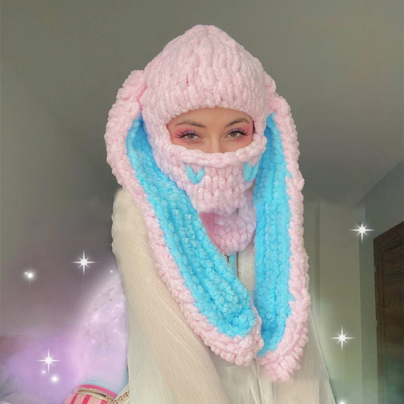 

2024 Big Rabbit Ears Knitted Hat Thick Warm Fleece Hat Mask Headgear Sweet Cool Hot Girl Winter Street for Women Bunny Hat Cap