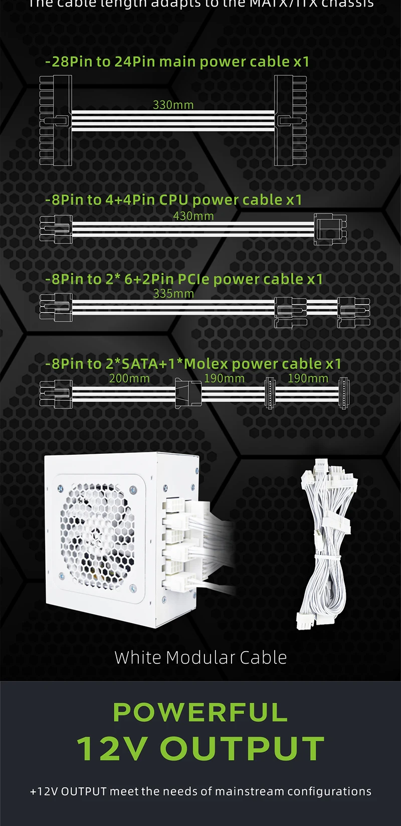 Full-Modular SFX-500W PSU 80Plus Bronze White Power Supply For Mini ITX Chassis