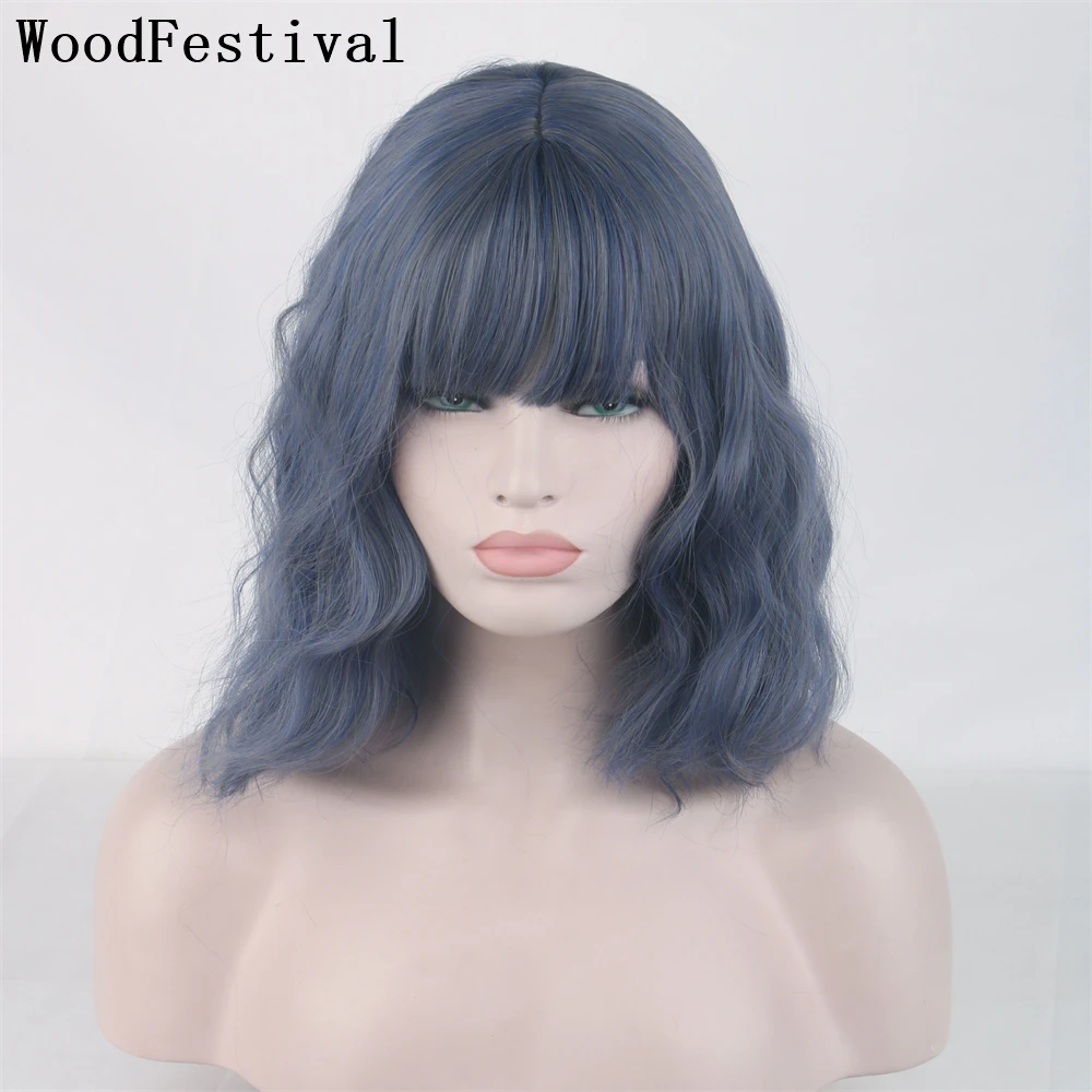 

WoodFestival Synthetic Hair Short Wavy Wig With Bangs Cosplay Wigs For Women Bob Pink Blue Ombre Blonde Green Black Orange Red