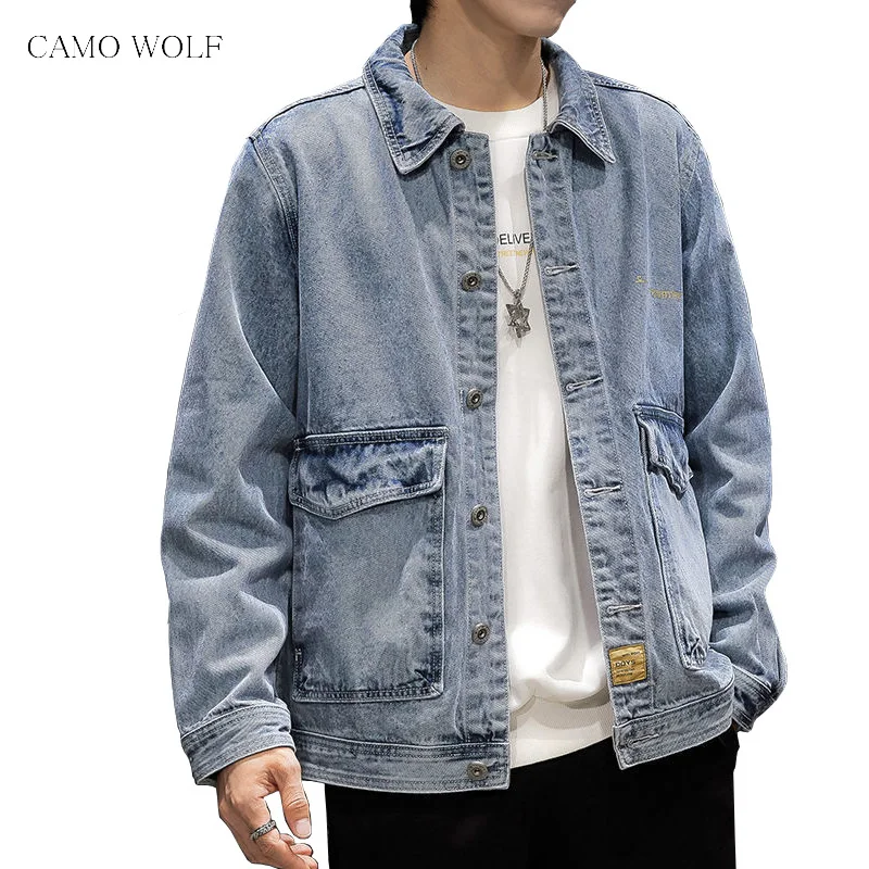 CargoJeansJacketMenDenimCoatsBlueJeanJacketsMan2022Mens