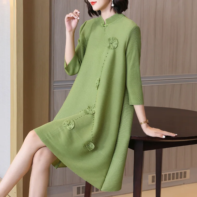 

Vintage Dress For Women 45-75kg Autumn 2022 Stand Collar Three Quarter Sleeve Stretch Miyake Pleated Loose A Line Pink Dresses