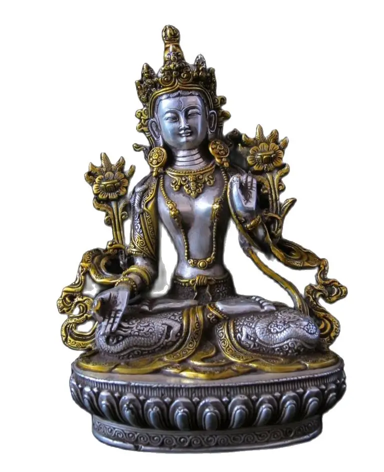 

20CM 8"Tibet Silver Gild Dragon White Tara Kwan-Yin Sakyamuni Guanyin Buddha Statue