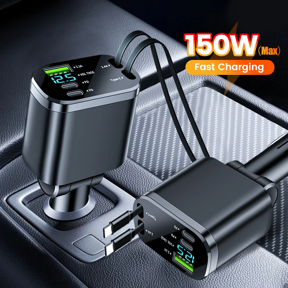 High-Power Car Charger with Retractable Dual Type-C Cable and Fast Charging Capability