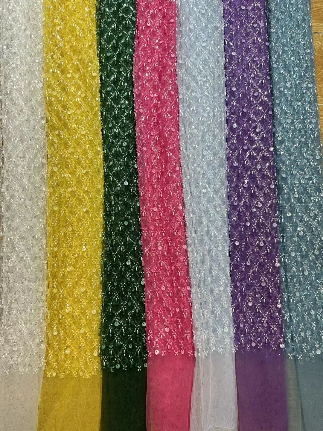 Description Picture 3 of itemElegant French sequin beaded mesh lace fabric 2024 African Nigerian mesh Sparkly wedding dress fabric