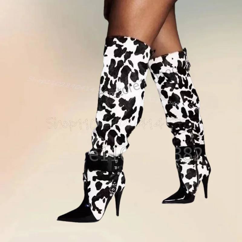 

Black White Dairy Cow Print Pointed Toe Boots Side Zipper Women Shoes Thin High Heels Fashion Banquet 2024 Zapatos Para Mujere