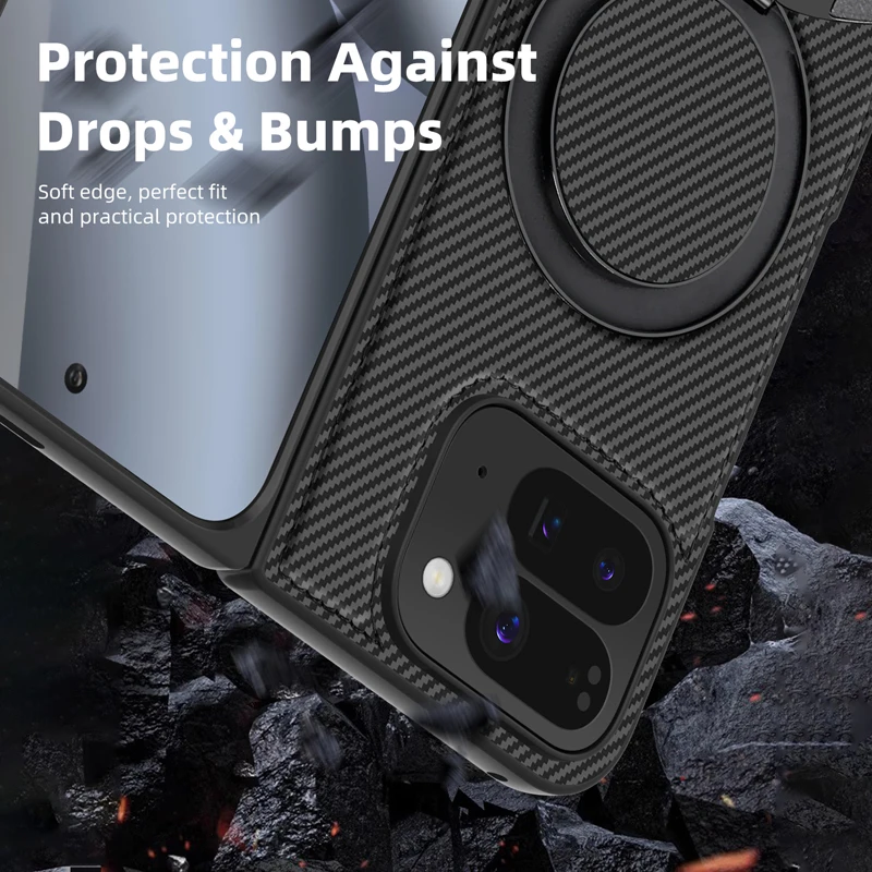 ELVEV Business Magnetic PU Leather Phone Cover with Carbon Fiber Texture and 360° Rotating Bracket