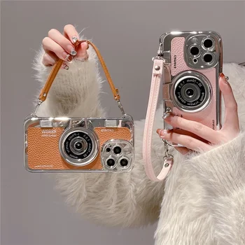 Luxury Retro Stereo Camera Hand with Lanyard Phone Case For iPhone 16 15 14 Plus 13 12 11 Pro Max Leather Pattern Case 1