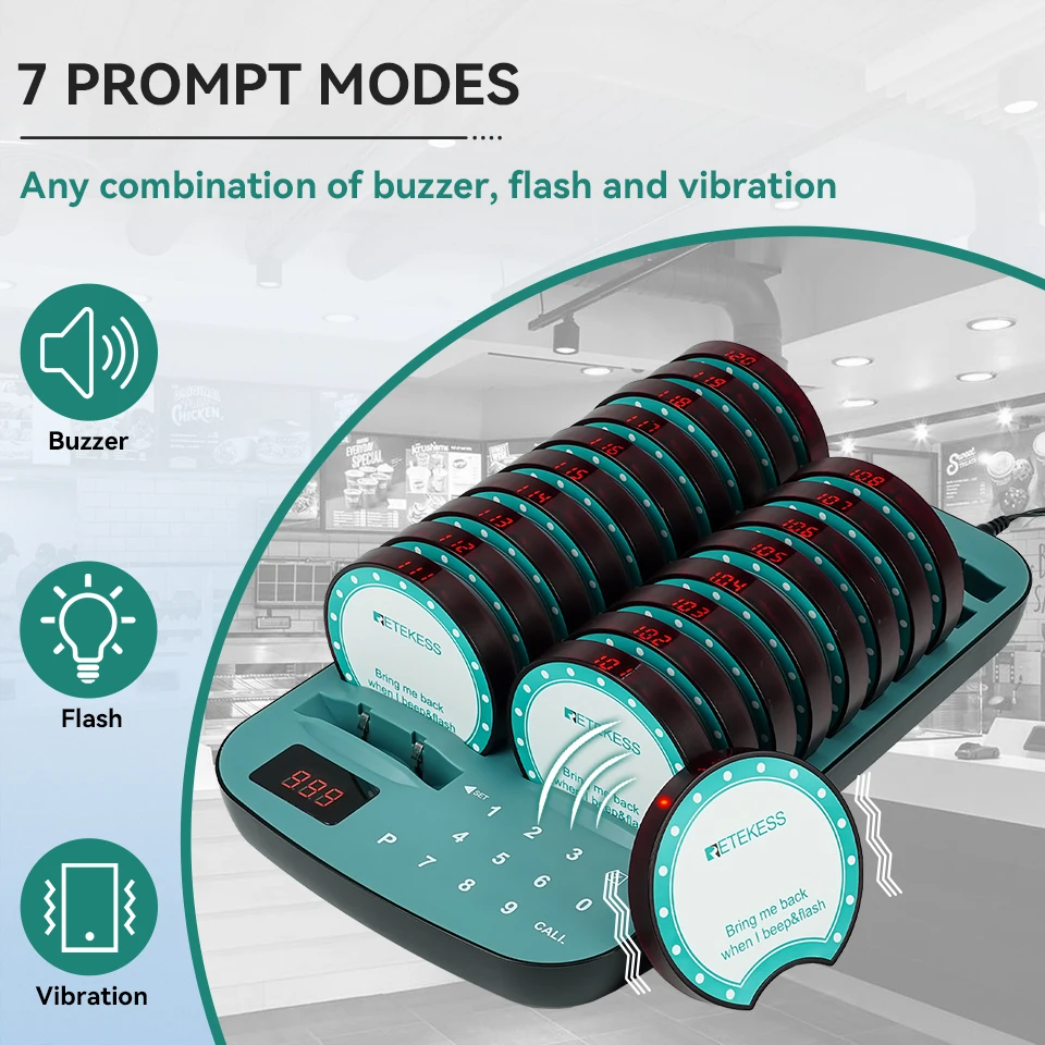 Retekess TD163 Pagers For Restaurant Wireless Calling System 30 Coaster Buzzer Vibrator Bell Receivers For Food Truck Cafe Bar
