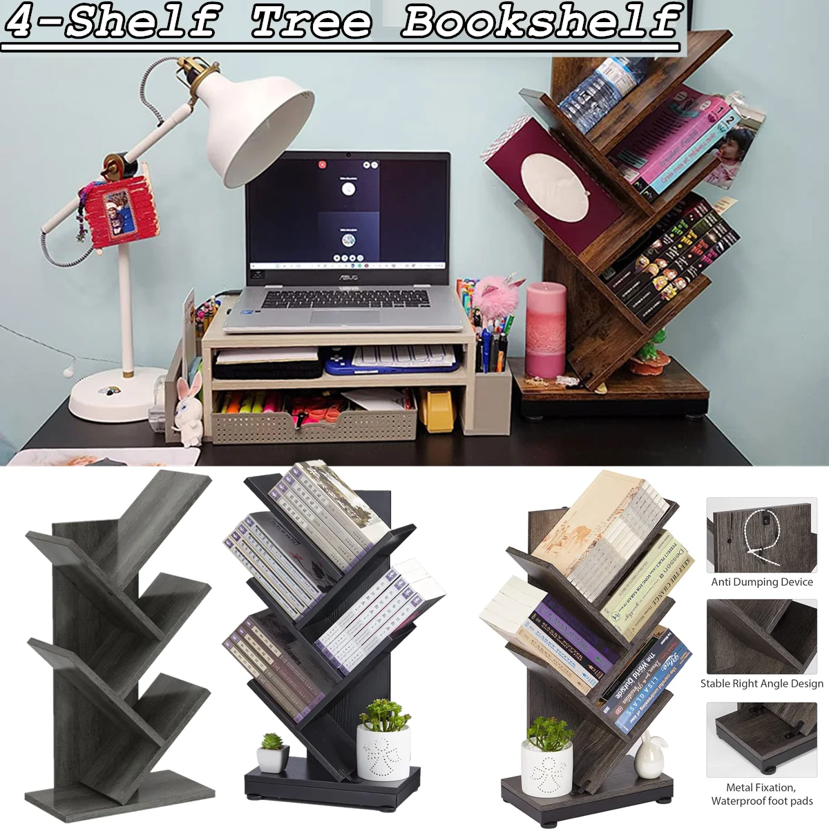 4-Shelf Tree Bookshelf 4 Tier Floor Standing Bookcase for CDs/Magazine/Books Small Book Organizer for Bedroom Living Room Office