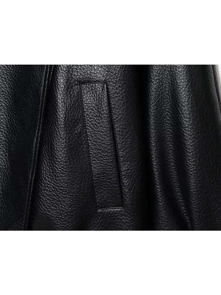  2025 Fall New Women PU Jacket Black Long Sleeve Oversize Faux Leather Zipper Jacket Motorcycle Style Personality Fashion Lady
