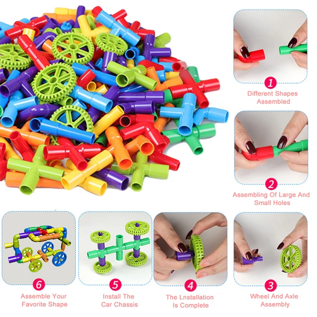 Tube Block Toy Pipeline Tunnel Car Wheels DIY Blocks Creative STEM Bricks Educational Kit Pipe Block Training Toys For Children 5
