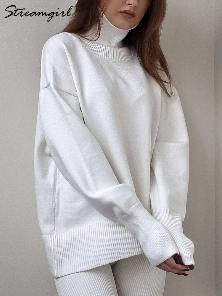 White Women's Turtleneck Sweater Autumn Winter Women