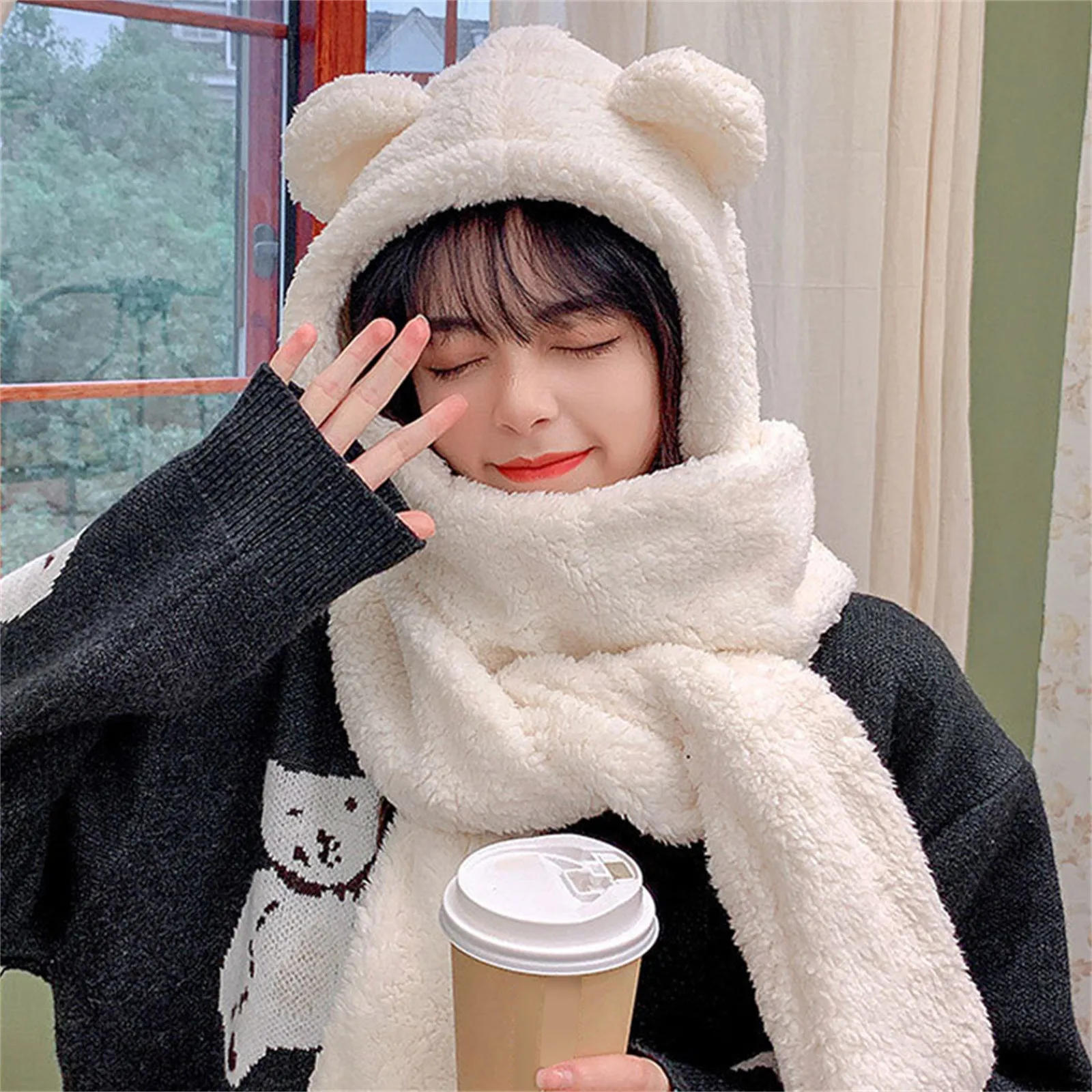 

Cute Bear Ear Hat Scarf Set Kawaii Women Winter Beanies Caps Warm Casual Plush Hat Casual Female Keep Wammer Anime Gift