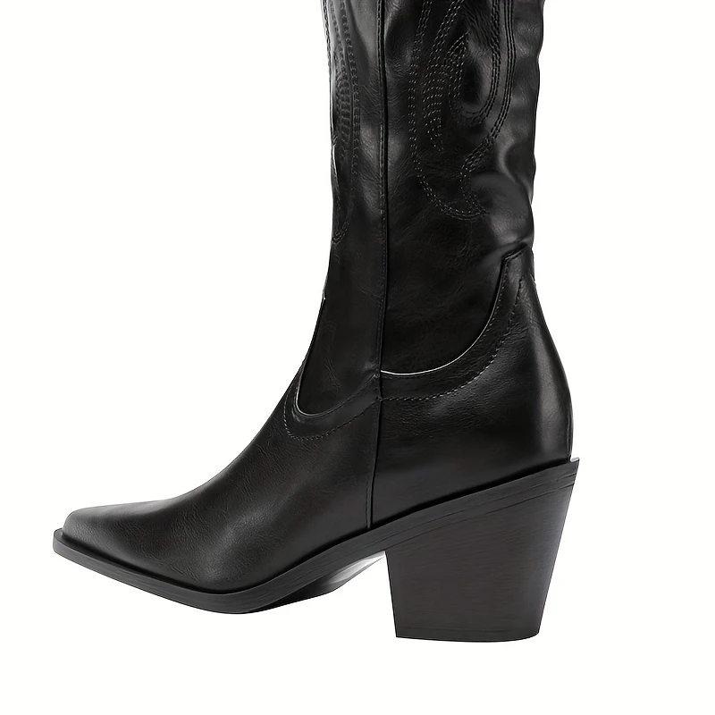 Women's Western Mid calf Pointed Head Large Denim Embroidered Flame High Heels Over Knee Gothic Boots