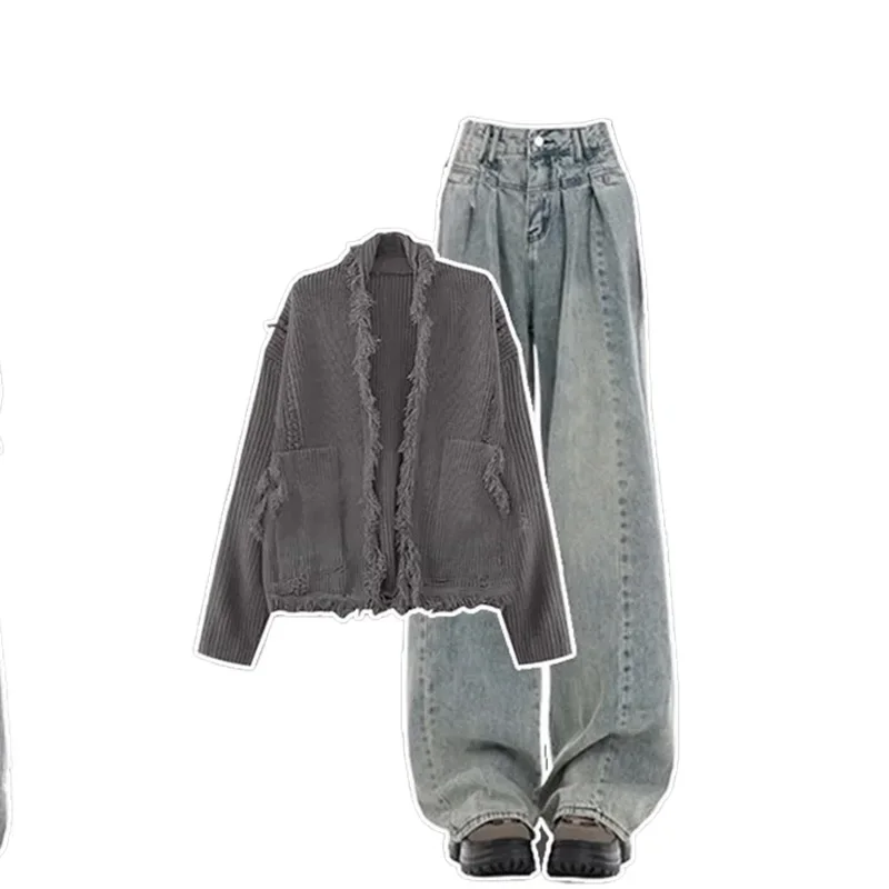 2023 New Korean Autumn/Winter Women\'s Loose Cardigan Jeans Two Piece Autumn Two Piece Women\'s Pants 2 piece knitted set women