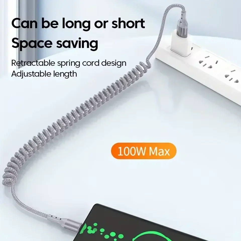 รูปสินค้า สายชาร์จสปริง USB-C 25-150 ซม. ชาร์จเร็ว 100W สำหรับมือถือ