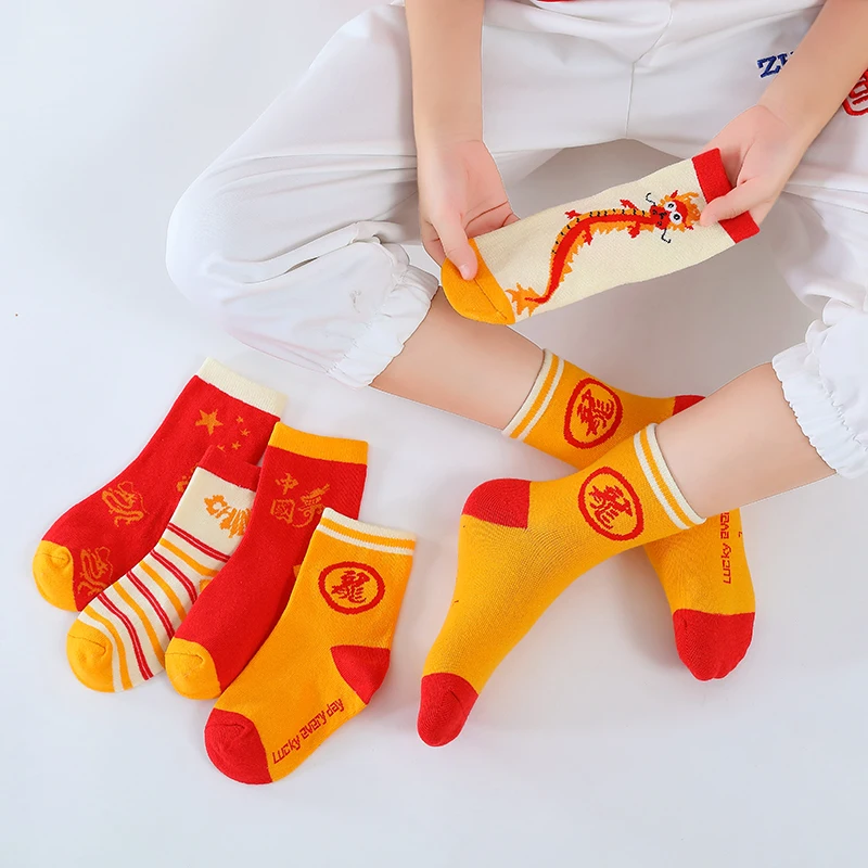 

baby boys cartoon Chinese style long socks Embroidery Loong kids girls socks spring autumn Breathable cotton child sport sock