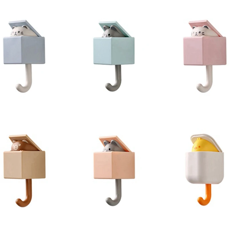 

6 PCS Creative Cute Animal Hooks,6PCS Cute Cat Key Holder Hook Wall Mounted Adhesive Hook Coat Hooks