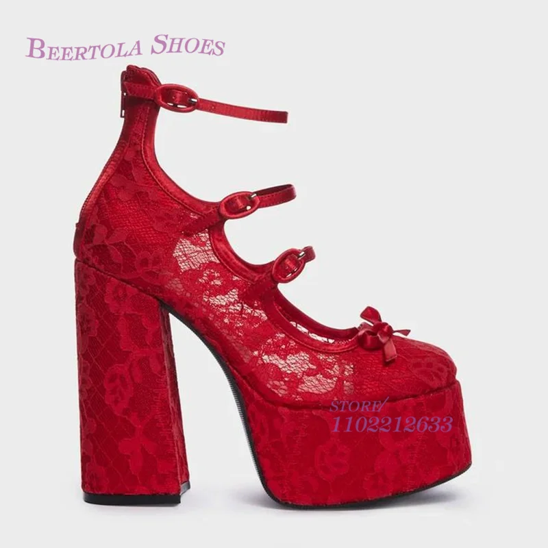 Leuchtend rote Mesh Spitze Blume sexy Sandalen Frauen Plattform Schnalle Streifen hohle klobige Absätze runde Ballett bogen elegante Party Schuhe