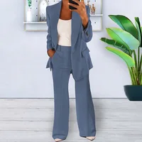 Women’s Sets Two 2 Pieces Sale Casual Pocket Single Button Blazer Jackets& High Elastic Waist OL Workwear Wide Leg Pant Suits
