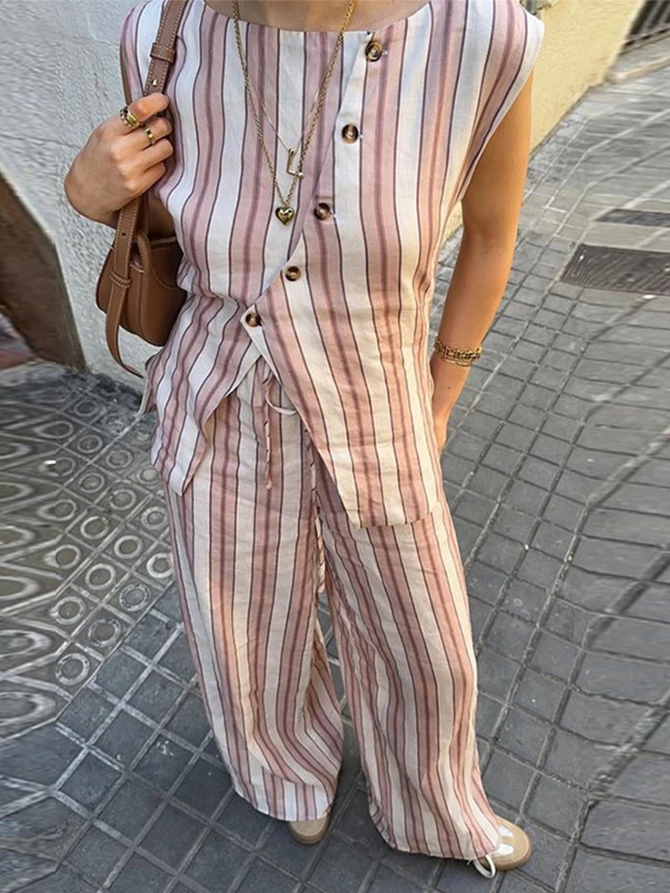 PREMIUM STRIPED PRINTED FASHION WOMEN SHIRT STYLE TOP + PANT SET main image 1