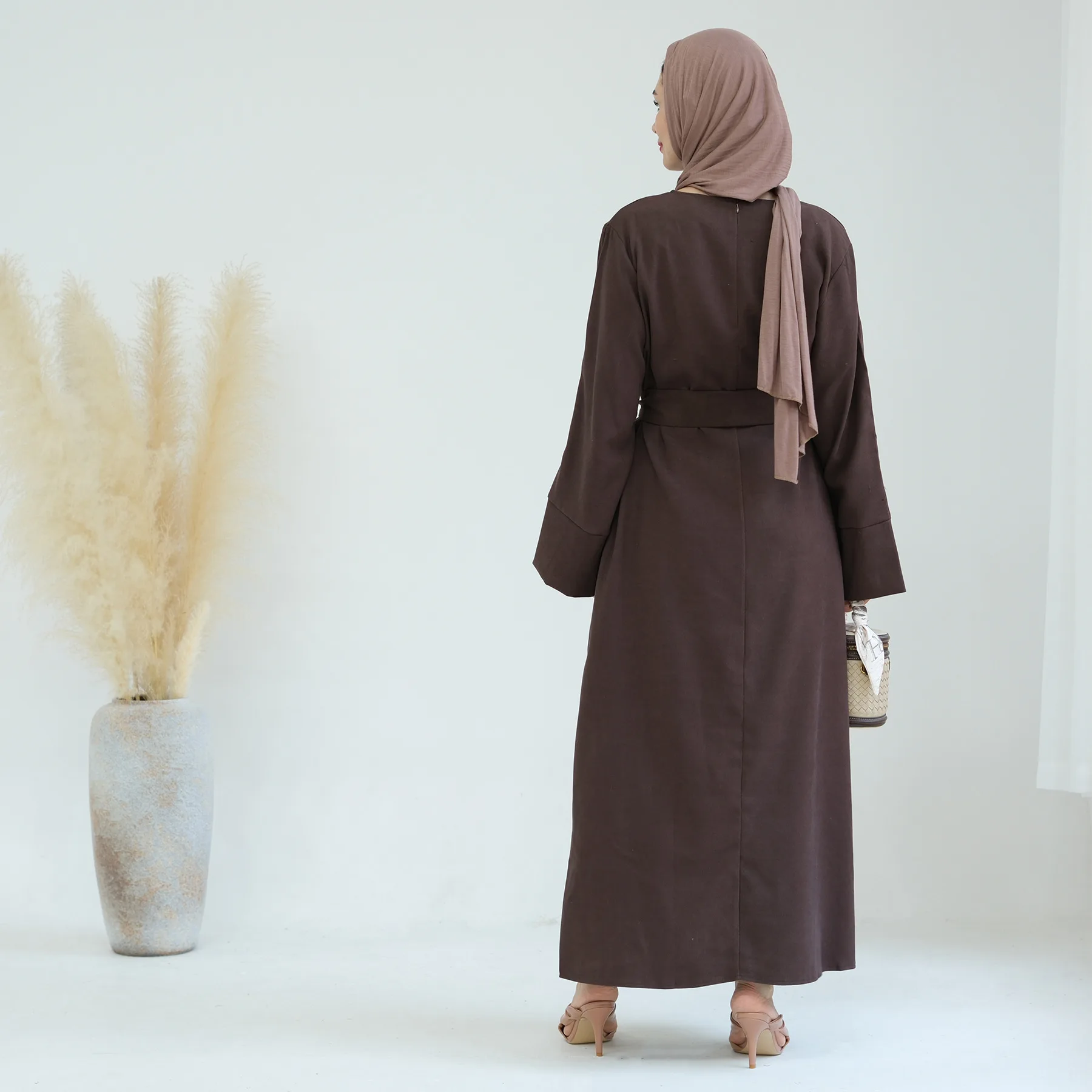 Winter Plain Abaya for Muslim Women Belted Closed Abayas Islam Long Hijab Dress with Pocket Ramadan Eid Dubai Modest Kaftan Robe