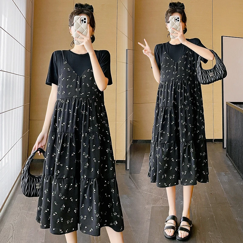 

2024 Summer Long Loose Pregnancy Chiffon Dress Short Sleeve O-Neck Faux Two Pieces Maternity Floral Dresses Woman Pleated Dress