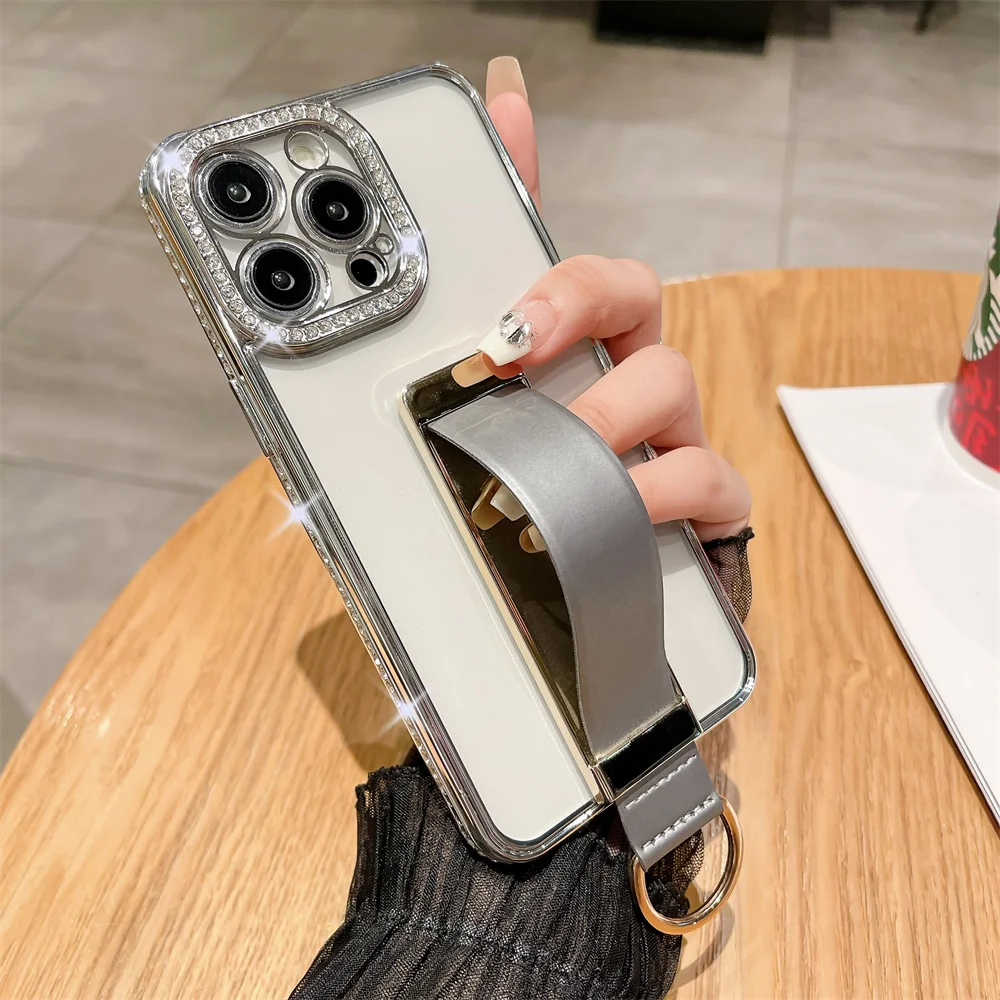 thumbnail image 1 of Wrist Strap Finger Ring Invisible Holder Phone Case for iPhone 14 15 ProMax 12 13 Pro Max 11 Plus Luxury Diamond Plating Cover, 1 of 5