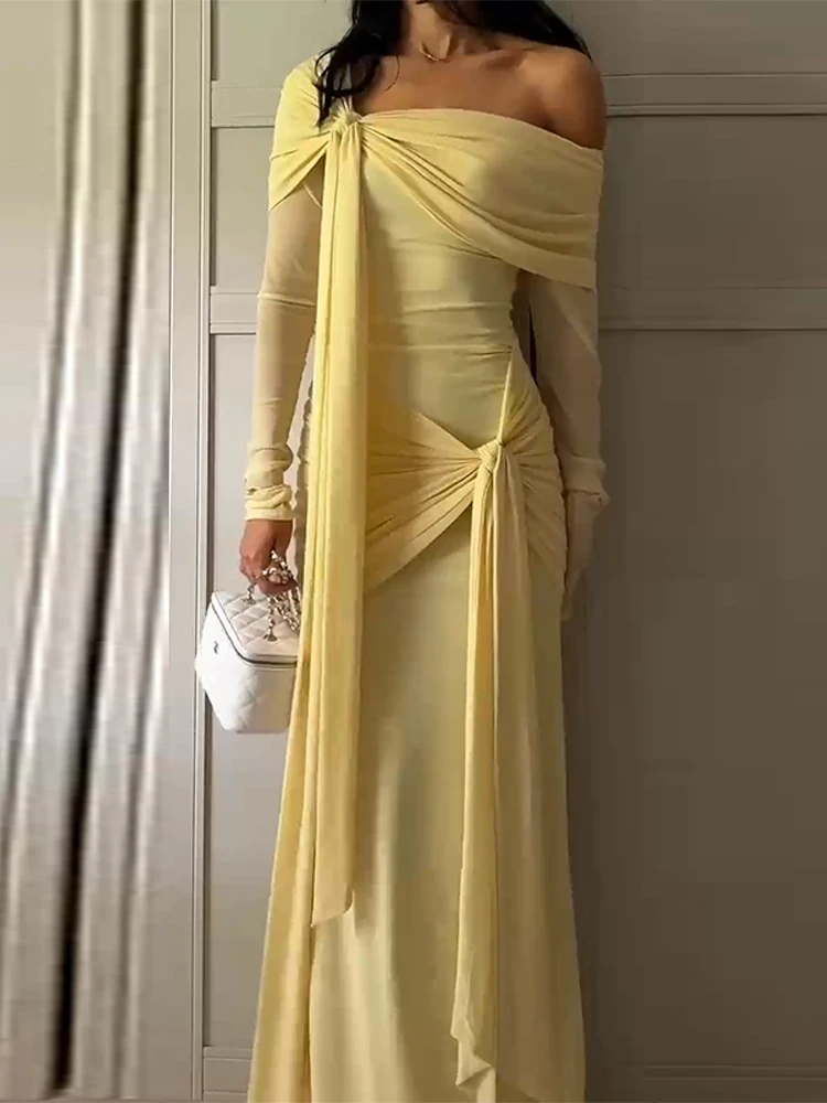 Summer New Lady Solid Off Shoulder Pleated Maxi Dress Elegant - Main Image