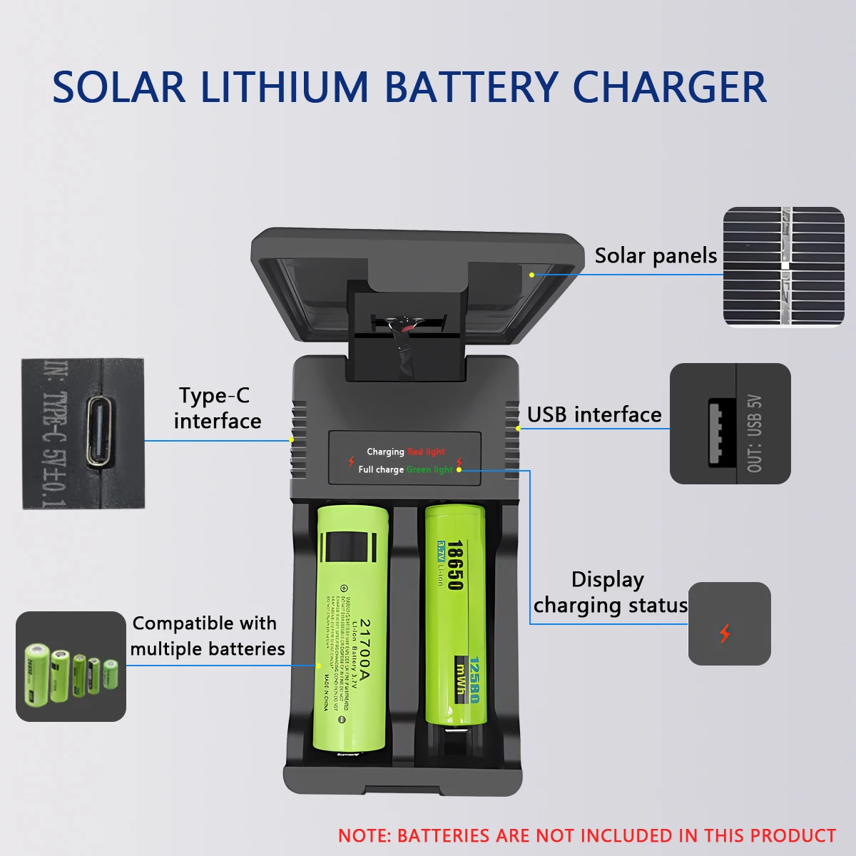 5V 1200mA Rechargeable Batteries Intelligent Charging For 18650 14500 16340 26650 21700 Li ion Charger Solar Battery Charger