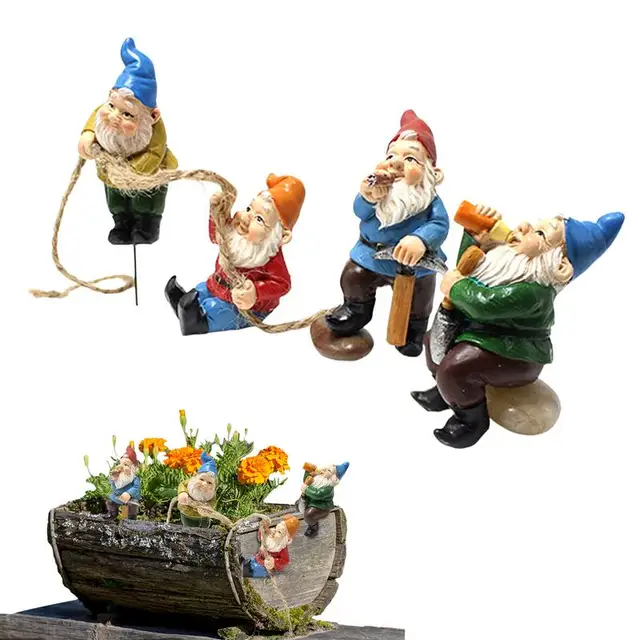4pcs/set Fairy Garden Drunk Gnomes Miniature Ornaments Set Mini Dwarf Bonfire Statues for Planter Flowerpot Decor Accessories