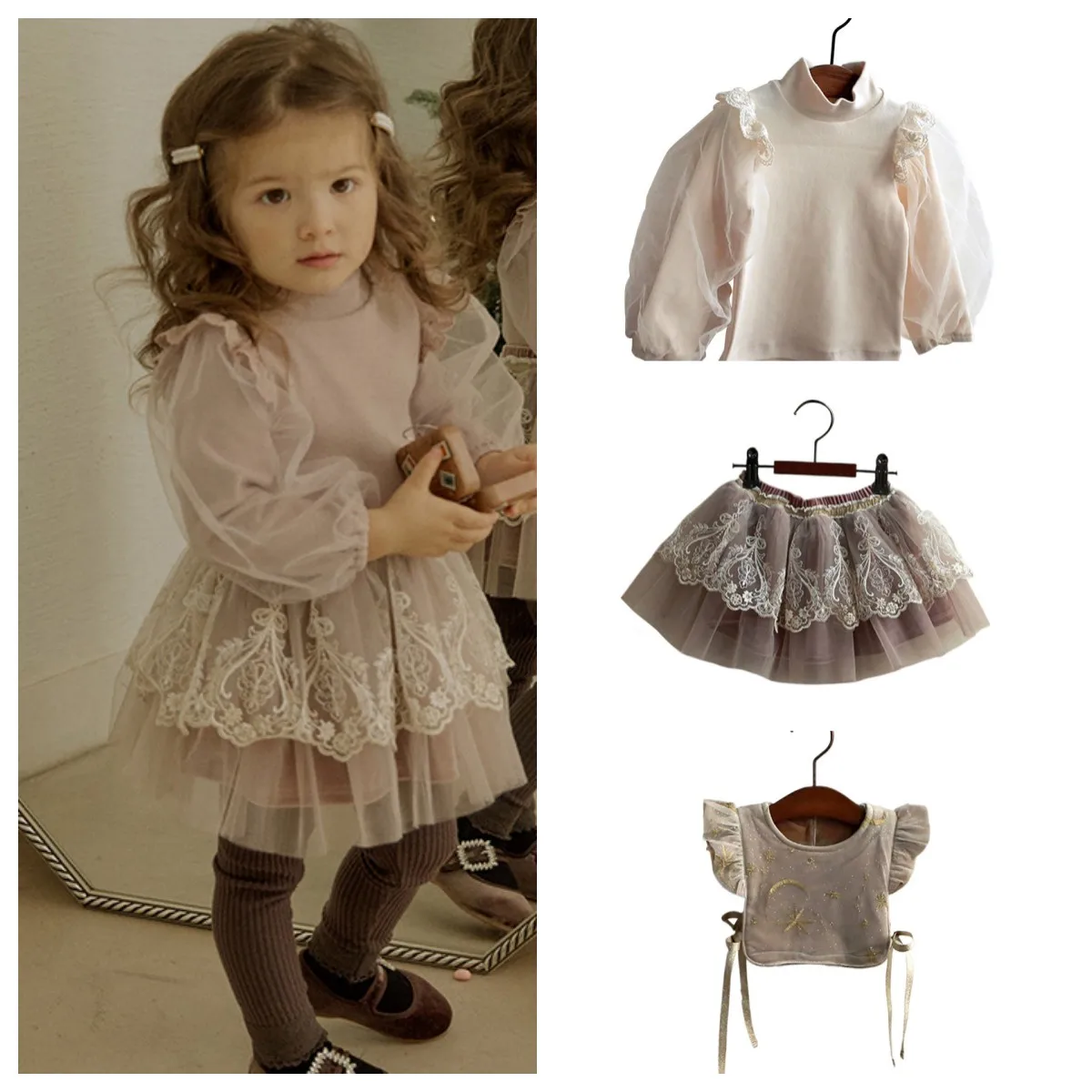 

Kids Girls Clothes 2024 New Korean Toddler Girls Lantern Sleeves Velvet Princess T-shirt and Mesh Skirts Vest Outfit Set