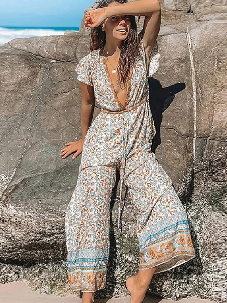 

Bohemian Print Long Jumpsuit Wide Legs Pants Cotton Romper Women Deep V Neck Sexy Holiday Summer Playsuits Female