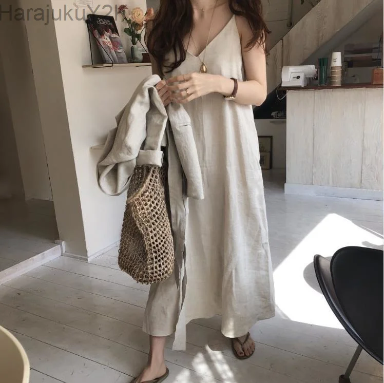 

2022 New Summer Cotton and Linen Women's Dress Solid Vintage Spaghetti Strap Sleeveless V Neck Elegant Female Long Dresses Lady