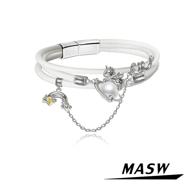 

MASW Original Design Lovely Style Cute Chain Tassel Animal Charm White PU Bracelet For Girl Women Gift Fashion Jewelry