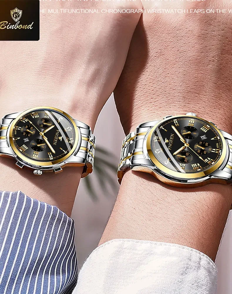 BINBOND Elegant Quartz Couple Watches Set - Stylish Waterproof Stainless Steel Valentine's Gift