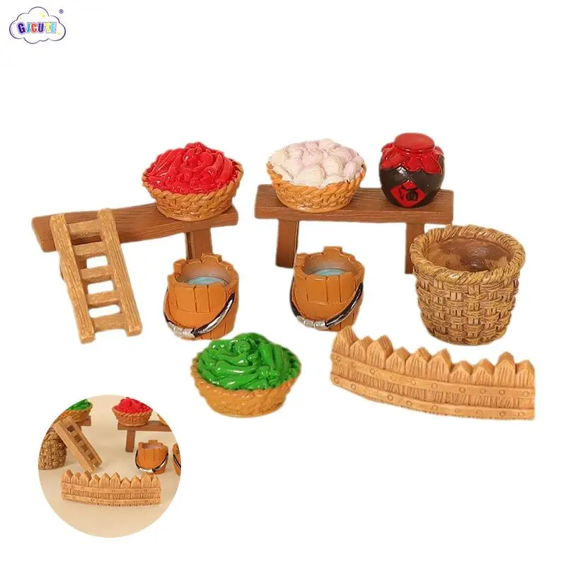 

1:12 миниатюрный кукольный домик, банка для овощей и вина, скамейка, корзина, набор для Ldder забора, модель игрушки для кукольного дома, декор для сельской сцены, аксессуары