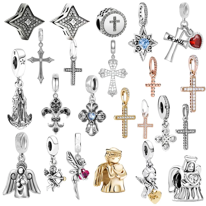 Sparkling Cross Dangle Charm Bead Fit 925 Sterling Silver Bracelet Necklace For Women