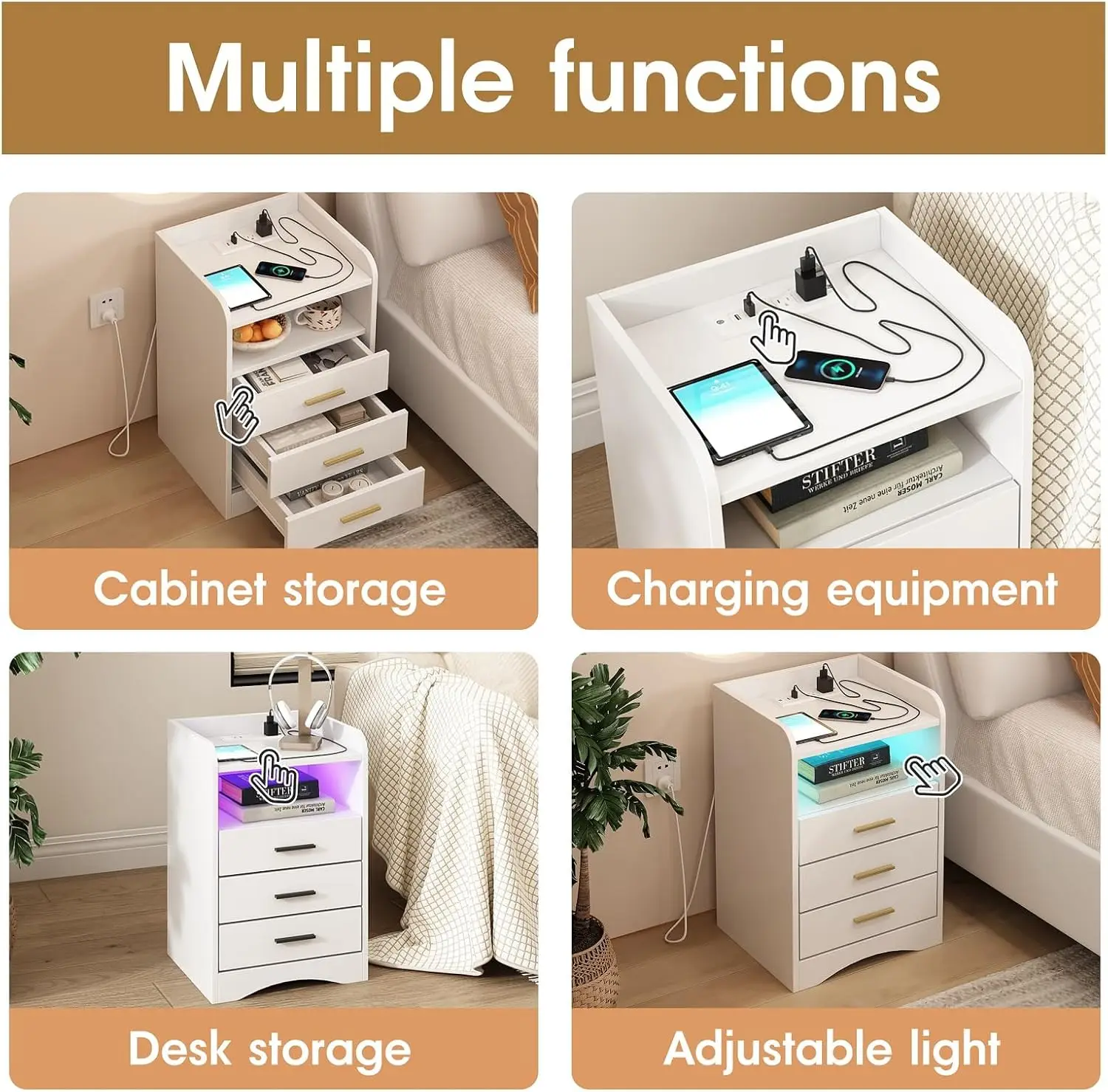 -Functional White Nightstand Set of 2 with Charging Station and LED Lighting, 3 Drawers and 2 Open Shelves, Suitable for Be